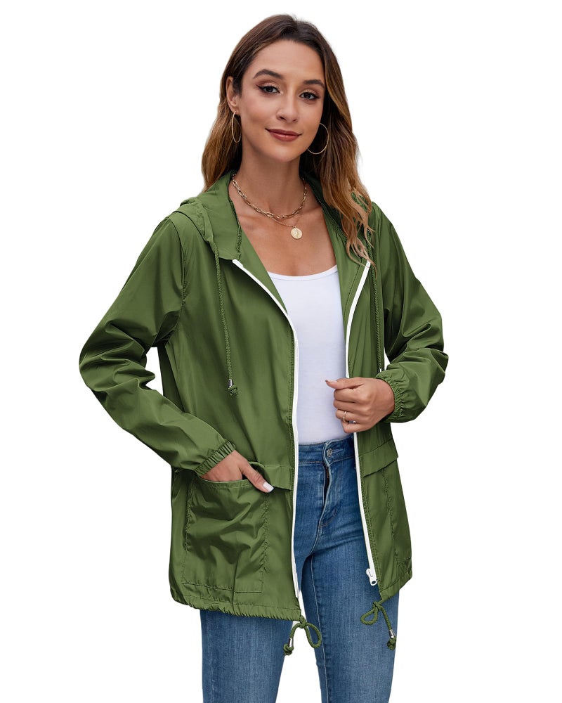 Hount Ladies Lightweight Raincoat with Hood Waterproof Packable Travel Windbreaker Rain Jackets (Army Green, L) - Image 2